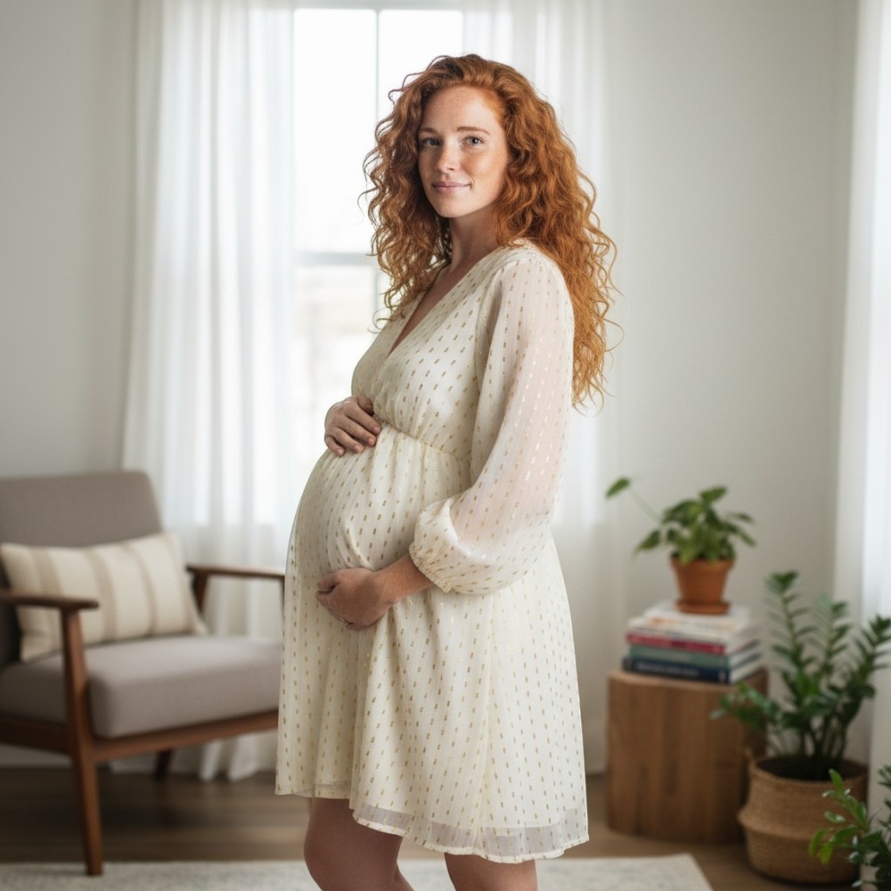 Old Navy Maternity Dress Women's L Cream Gold Metallic Empire Waist NWT